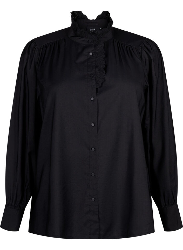 Visicoshirt Blouse met ruffles, Black, Packshot image number 0