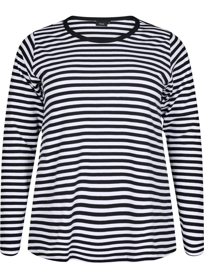 Gestreepte blouse met lange mouwen, Zwart, Packshot image number 0