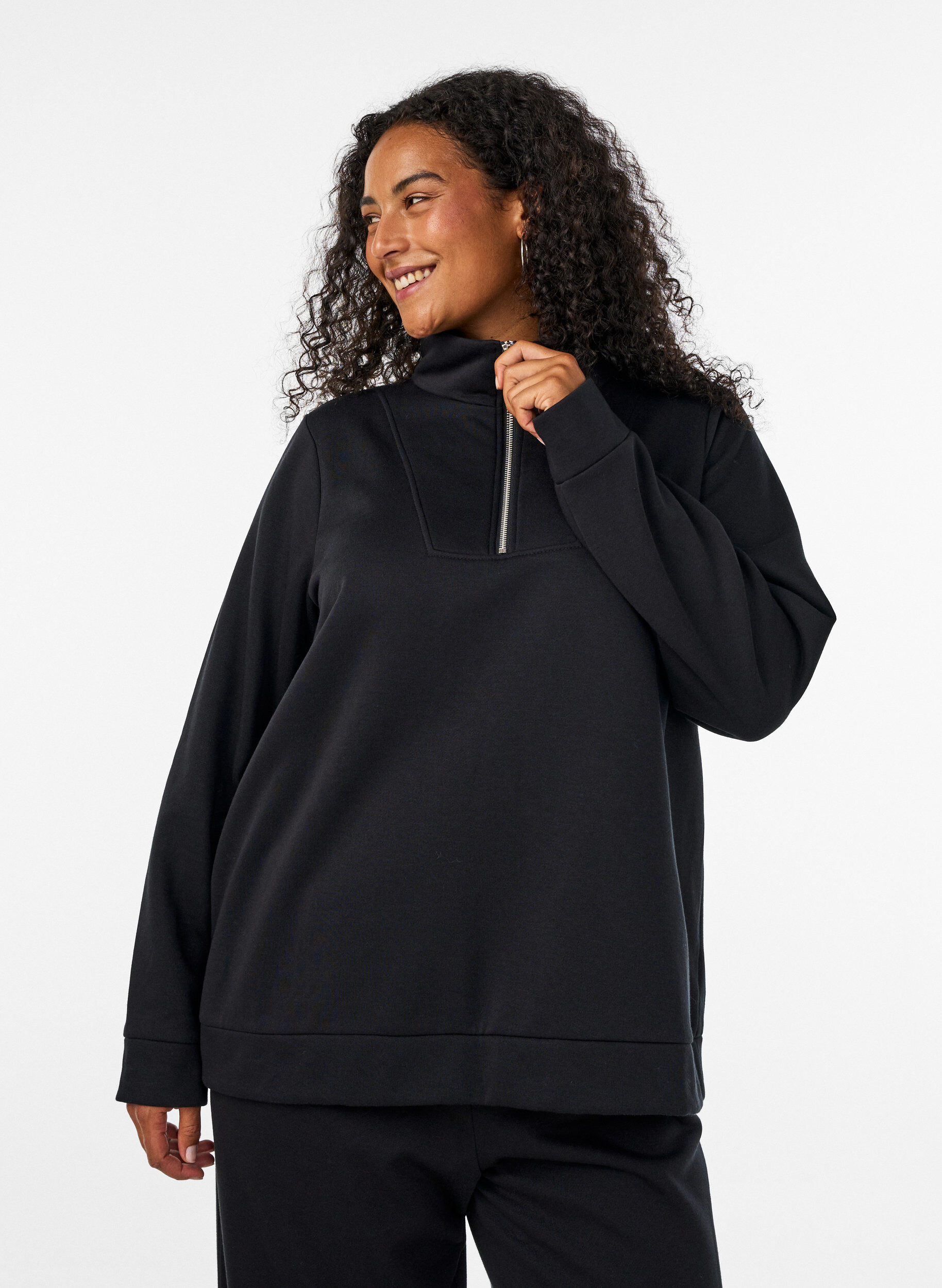 ZizziSweatshirt met hoge kraag en ritssluiting, Zwart, Model image number 0