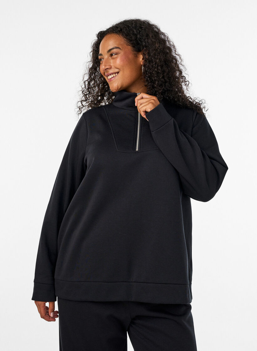 Sweatshirt met hoge kraag en ritssluiting, Zwart, Model image number 0