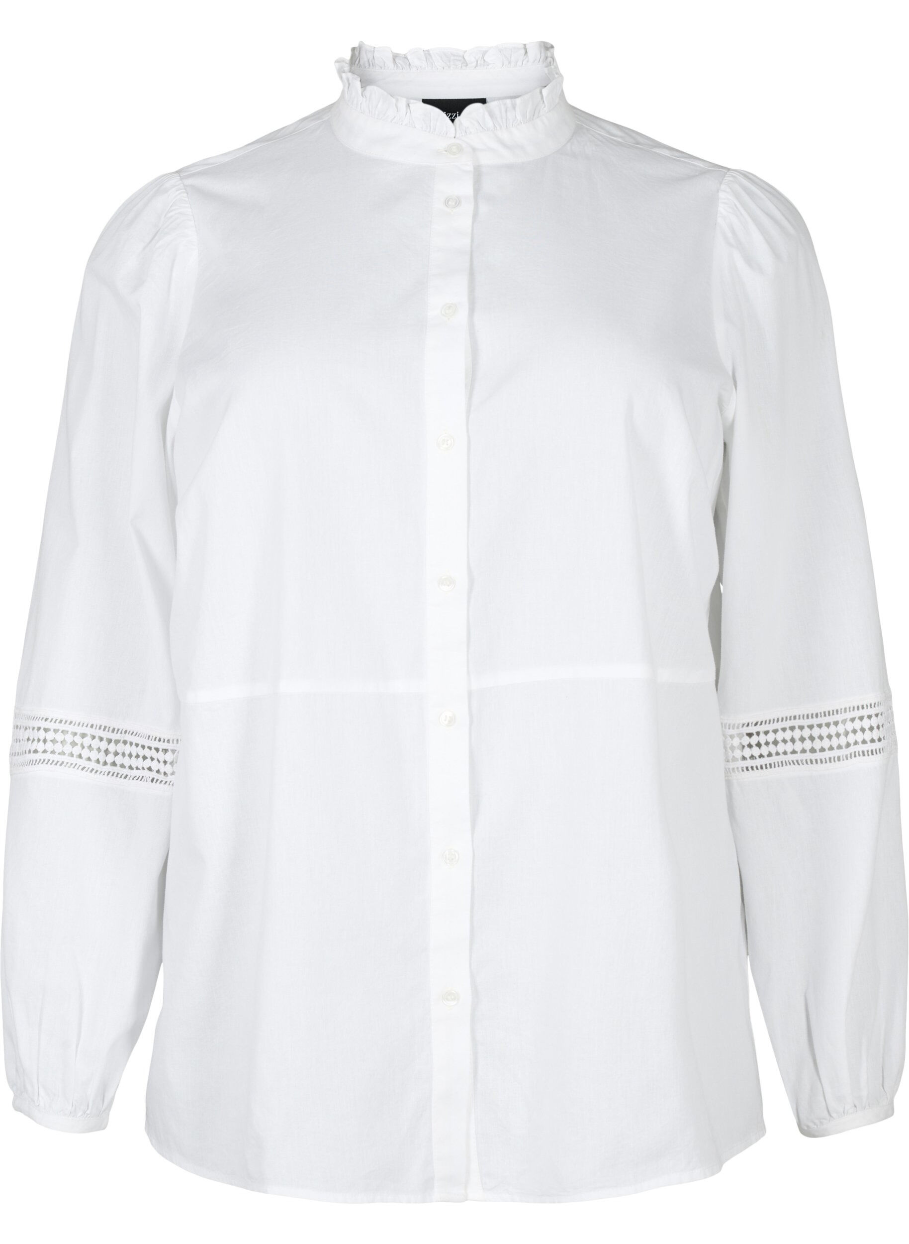 Zizzi Overhemdblouse met ruches op de kraag en een gehaakte band, Bright White, Packshot image number 0