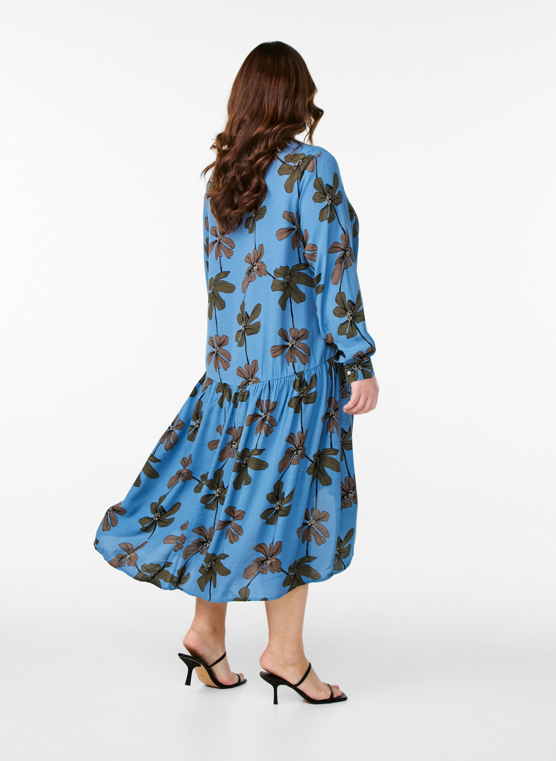 Zizzi Bedrukte viscose midi-jurk met lange mouwen, Blauw, Model image number 2