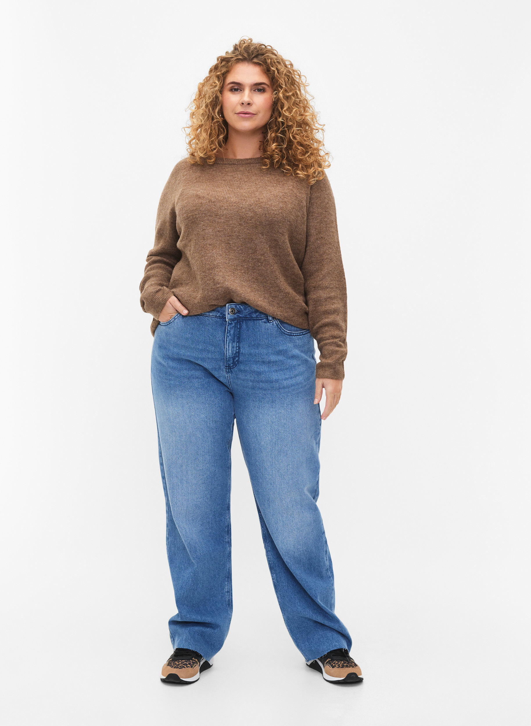 Zizzi Gem&ecirc;leerde trui met ronde hals	, Caribou Mel., Model image number 2