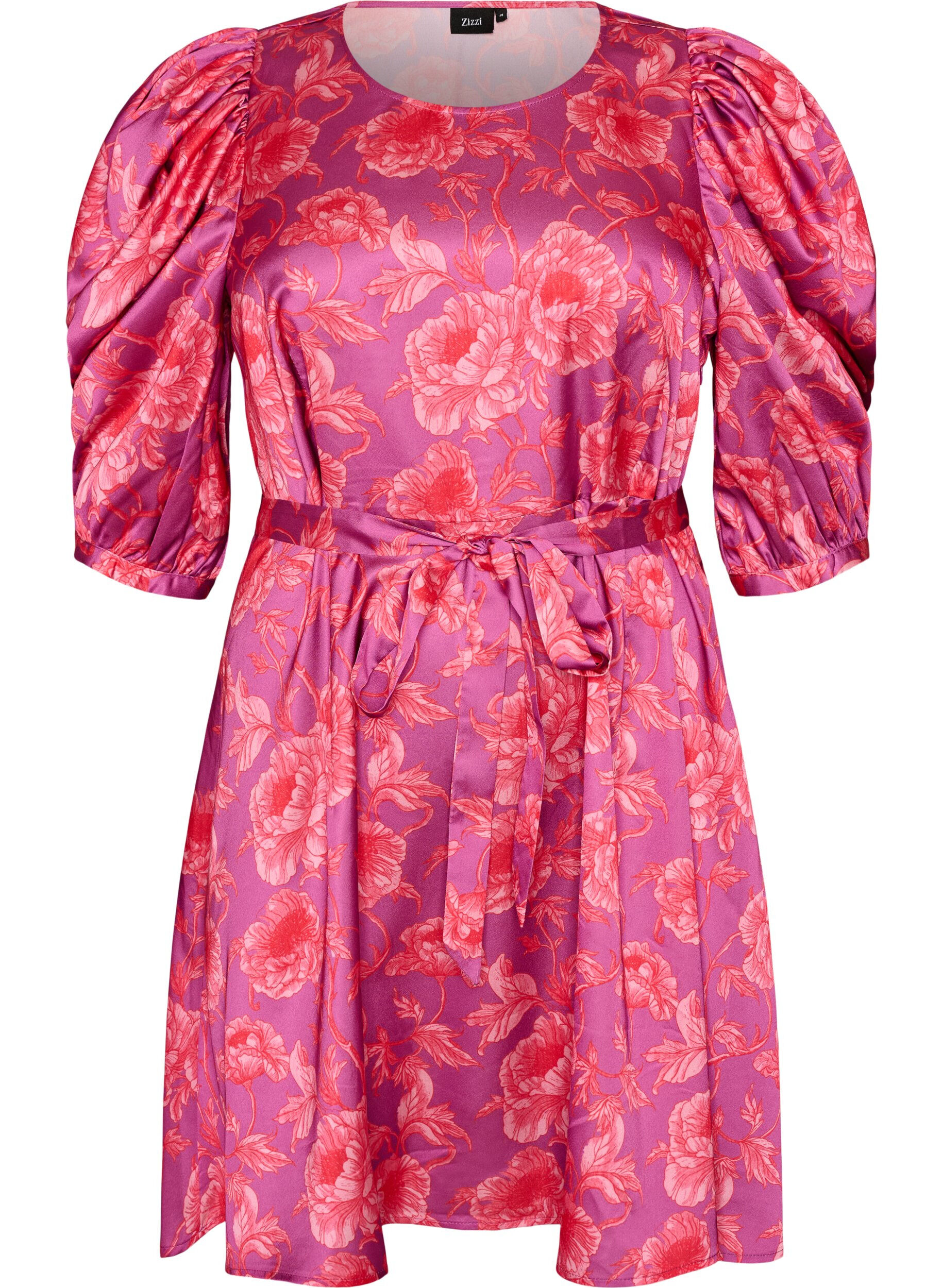 ZizziBloemenjurk met pofmouwen en strikceintuur, Roze, Packshot image number 0