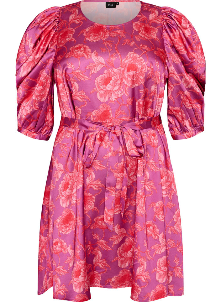 Bloemenjurk met pofmouwen en strikceintuur, Roze, Packshot image number 0