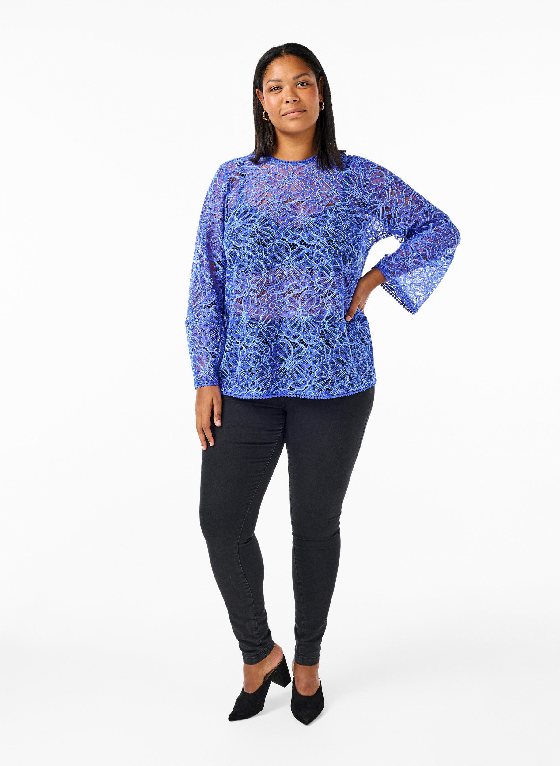 Zizzi Kanten blouse met ronde hals en lange mouwen, Blauw, Model image number 1
