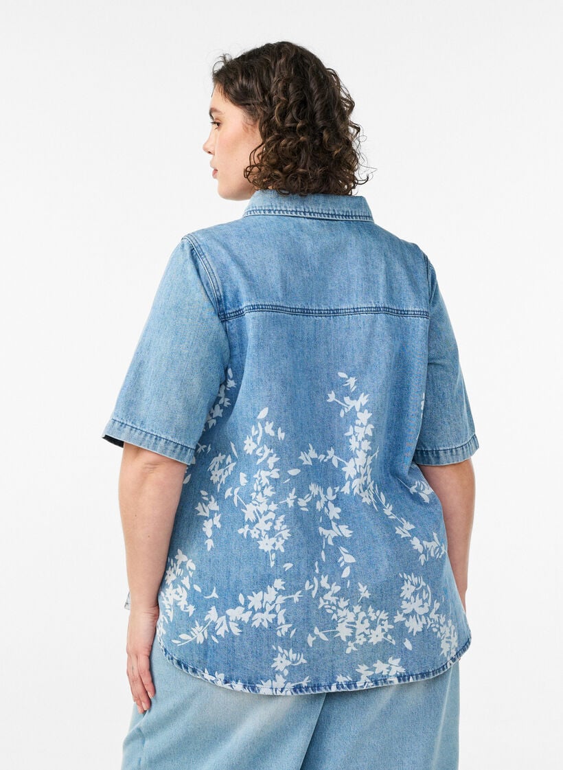 Denimshirt met bloemenprint en korte mouwen, Blauw, Model image number 2