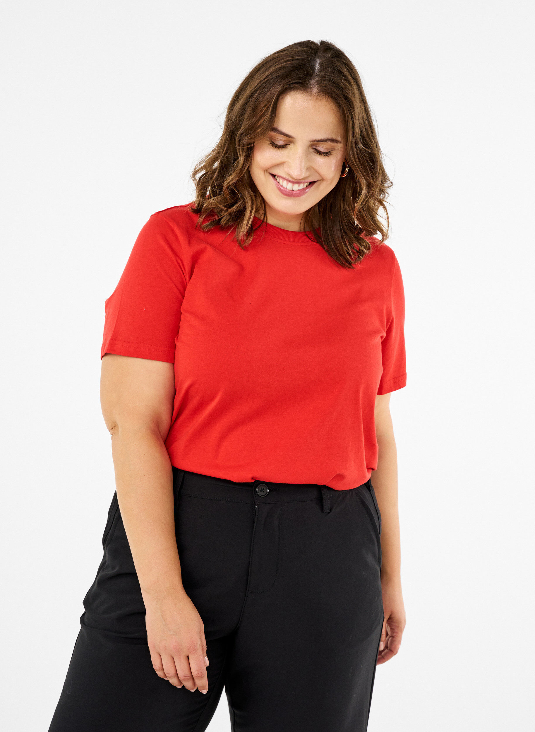 ZizziBasic katoenen T-shirt met ronde hals, Rood, Model image number 0