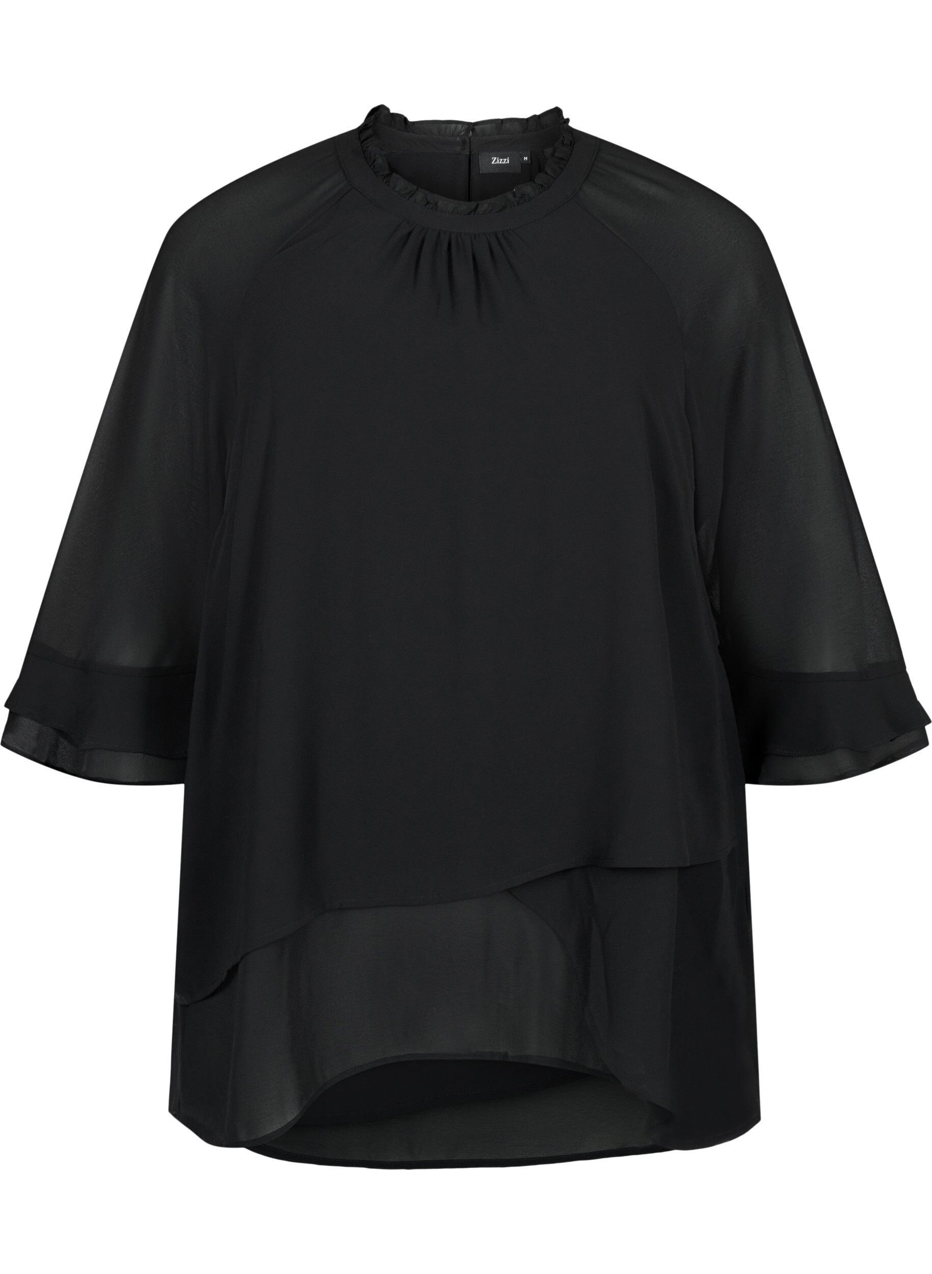 Zizzi Blouse met asymmetrische onderkant en 3/4 mouwen, Black, Packshot image number 0