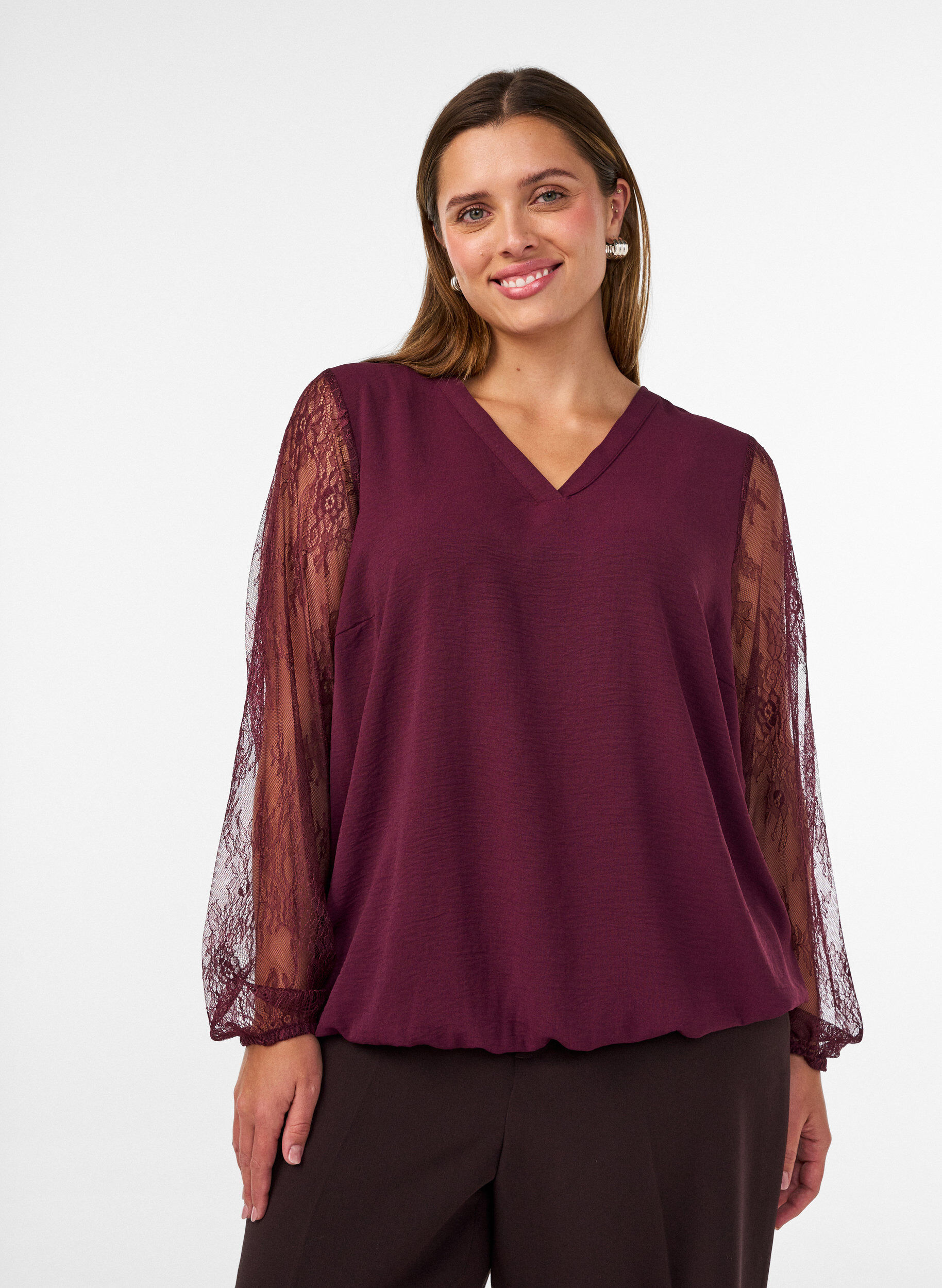 Blouse met kanten mouwen en ballonvorm, Rood, Model