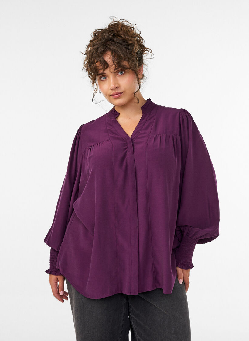 Blouse met ruches kraag en plooien, Paars, Model image number 0