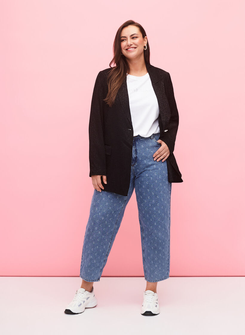 Cropped jeans met print en hoge taille, Blue denim, Model image number 0