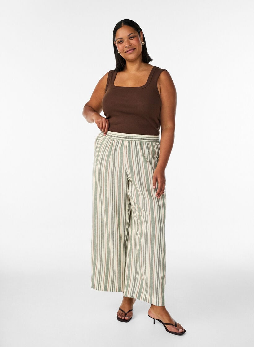 Wijde linnen en viscose broek, Vanille, Model image number 0