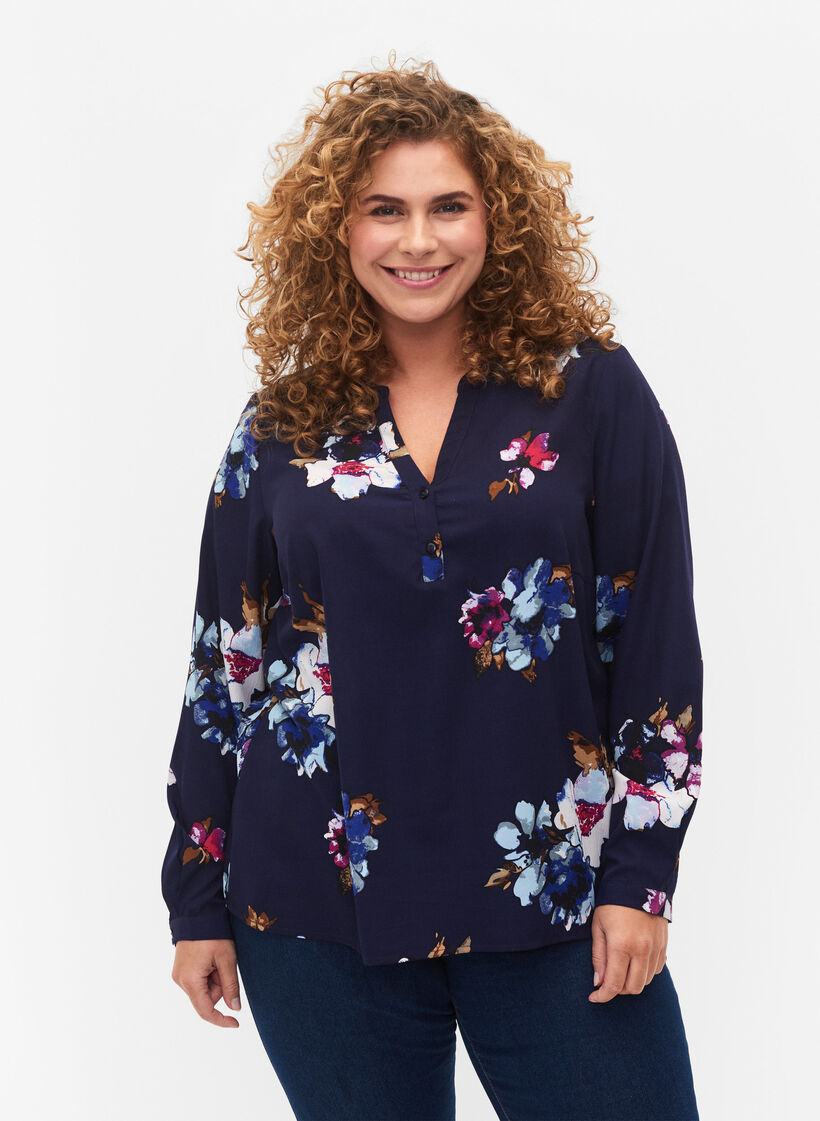 FLASH - Blouse met lange mouwen en print, Big Blue Flower, Model image number 0