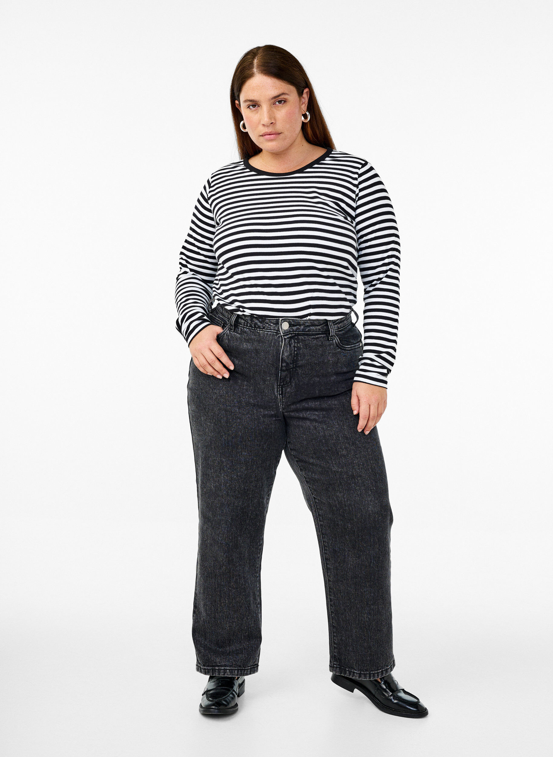 ZizziGestreepte blouse met lange mouwen, Zwart, Model image number 1