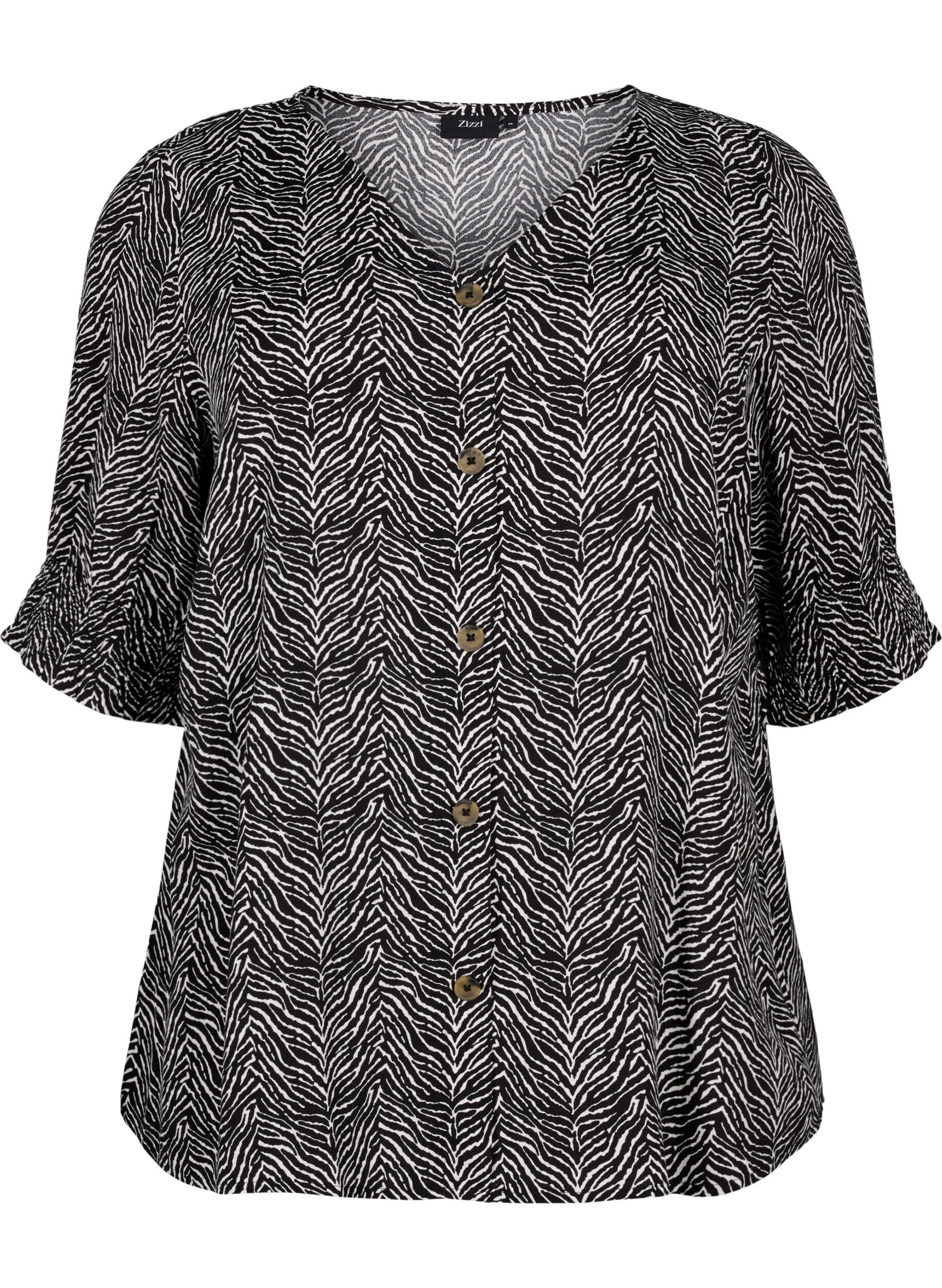 Zizzi Viscose blouse met knopen, Black Graphic AOP, Packshot image number 0