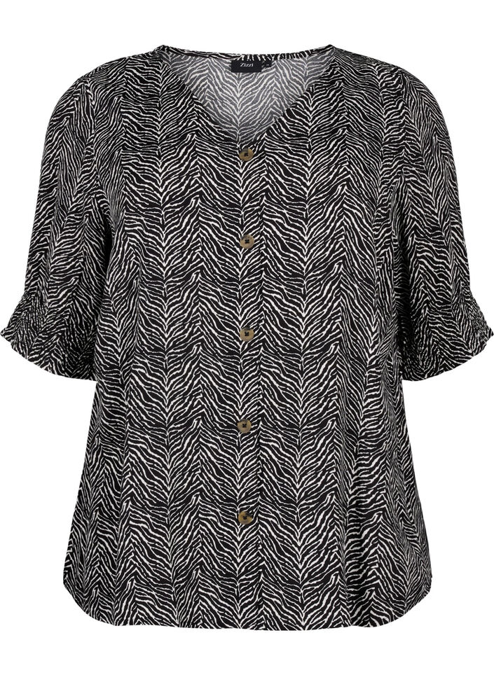 Viscose blouse met knopen, Black Graphic AOP, Packshot image number 0