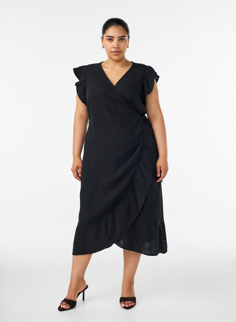 Omslagjurk in katoenen mousseline met ruches, Zwart, Model image number 0