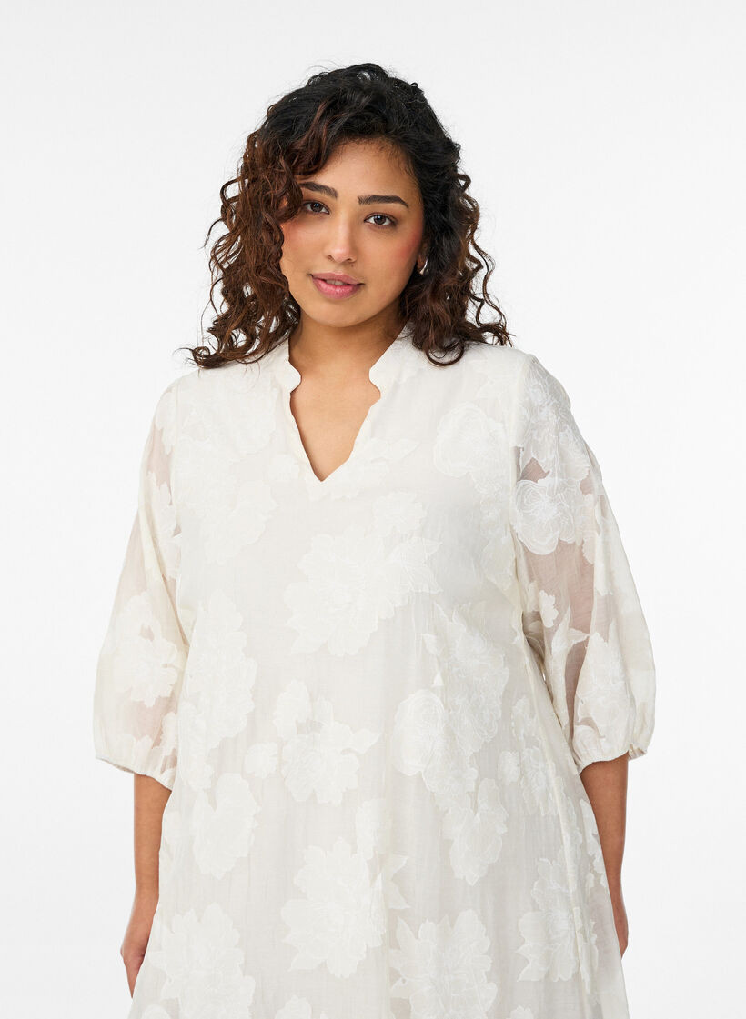 Midi jurk met bloemenprint en transparante 3/4-mouwen, Beige, Model image number 2