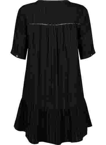 Gestreepte viscose jurk met kanten lint, Black, Packshot image number 1