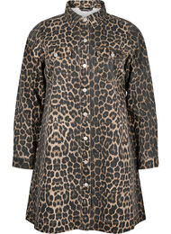 Denim jurk met lange mouwen en luipaardprint, Brown Leo AOP