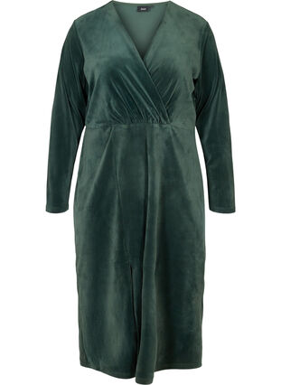 Midi-jurk in velours met lange mouwen, Darkest Spruce, Packshot image number 0