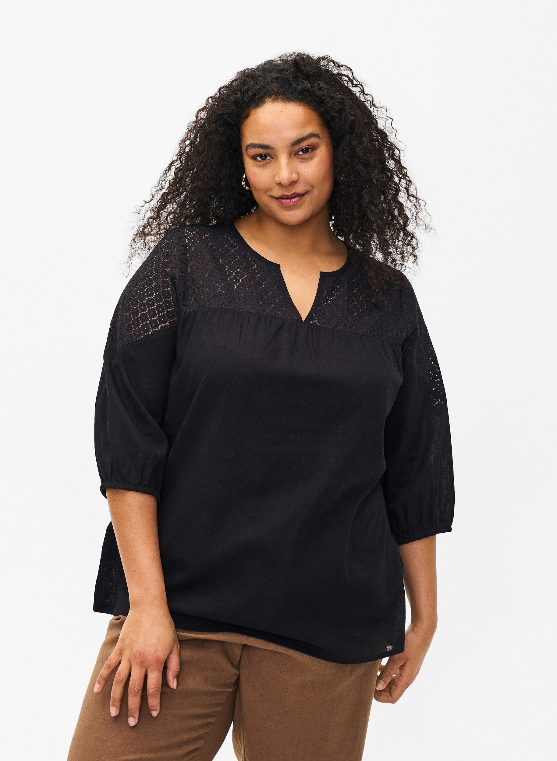 Zizzi Blouse van katoenmix met linnen en gehaakt detail, Black, Model image number 0