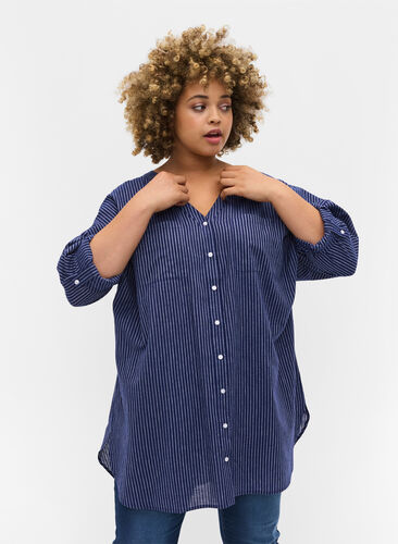 Gestreepte blouse in 100% katoen, Ocean Cavern Stripe, Model image number 0
