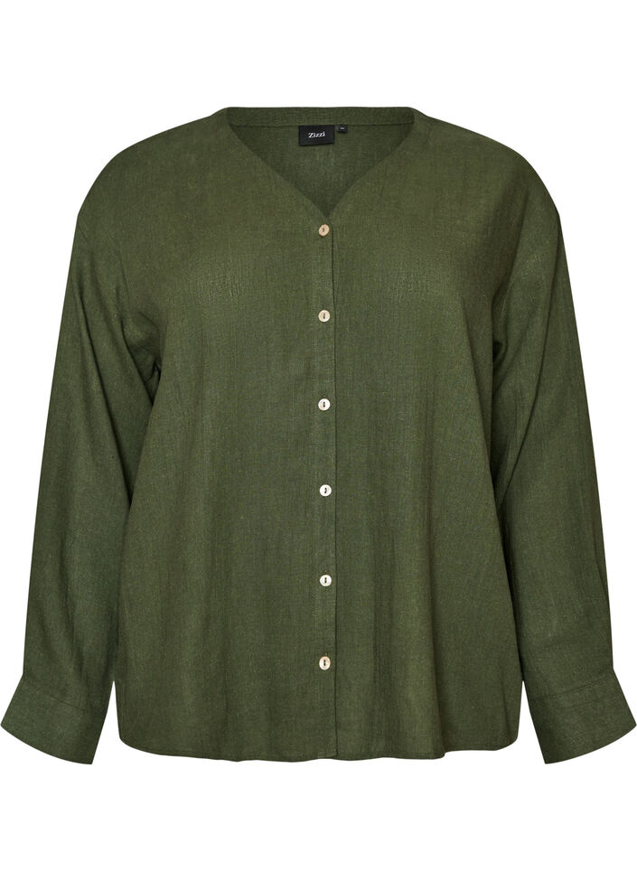 Blouse in linnen en viscose met V-hals, Groen, Packshot image number 0