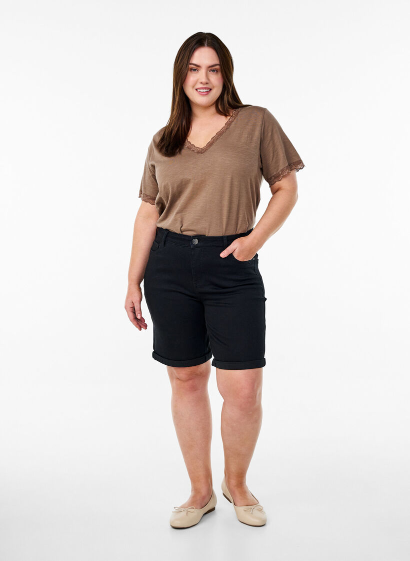 T-shirt met kanten rand, Bruin, Model image number 1