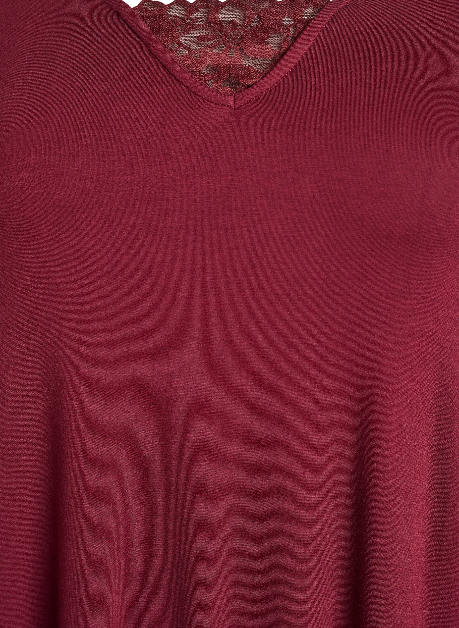 Zizzi Lange mouwen nachtjapon met kanten inzet en V-hals, Rood, Packshot image number 2