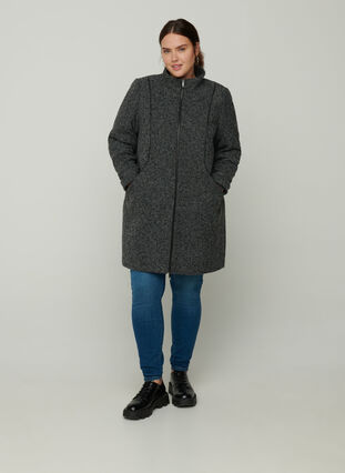 Gemêleerde jas met hoge hals en ritssluiting, Dark Grey Melange, Model image number 2