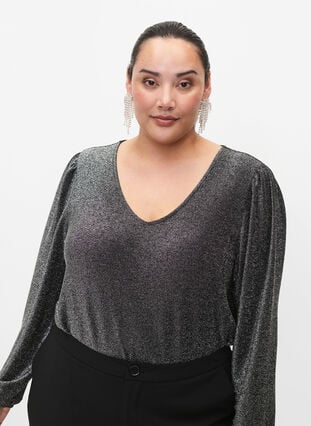 Glitter blouse met pofmouwen, Black Silver, Model image number 2
