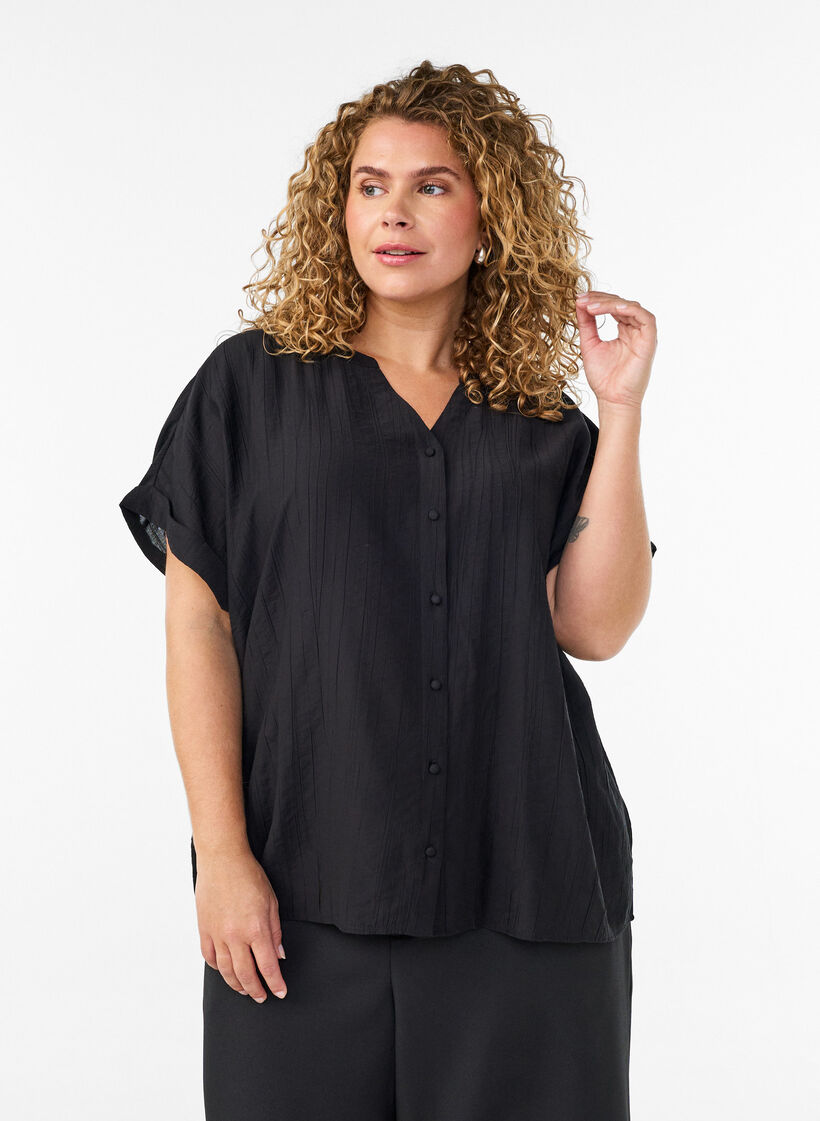 Viscose blouse met knoopjes en textuur, Zwart, Model image number 0