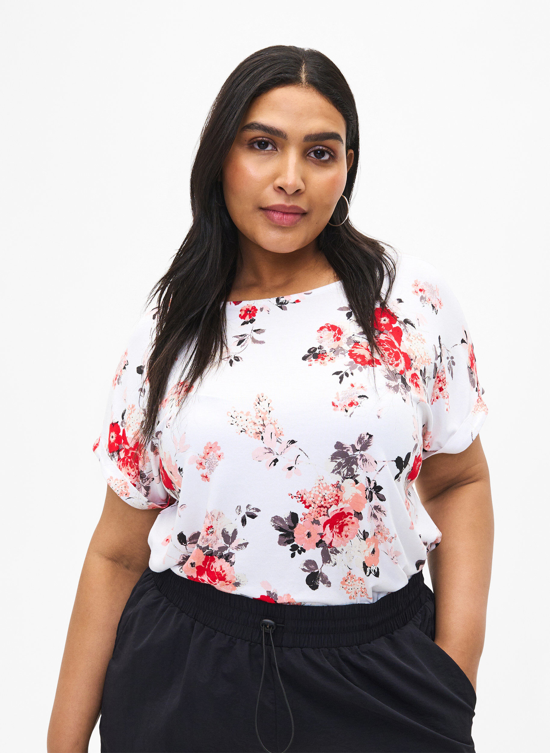 Zizzi Viscose blouse met korte mouwen en bloemen, White AOP flower, Model image number 0
