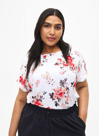 Viscose blouse met korte mouwen en bloemen, White AOP flower, Model