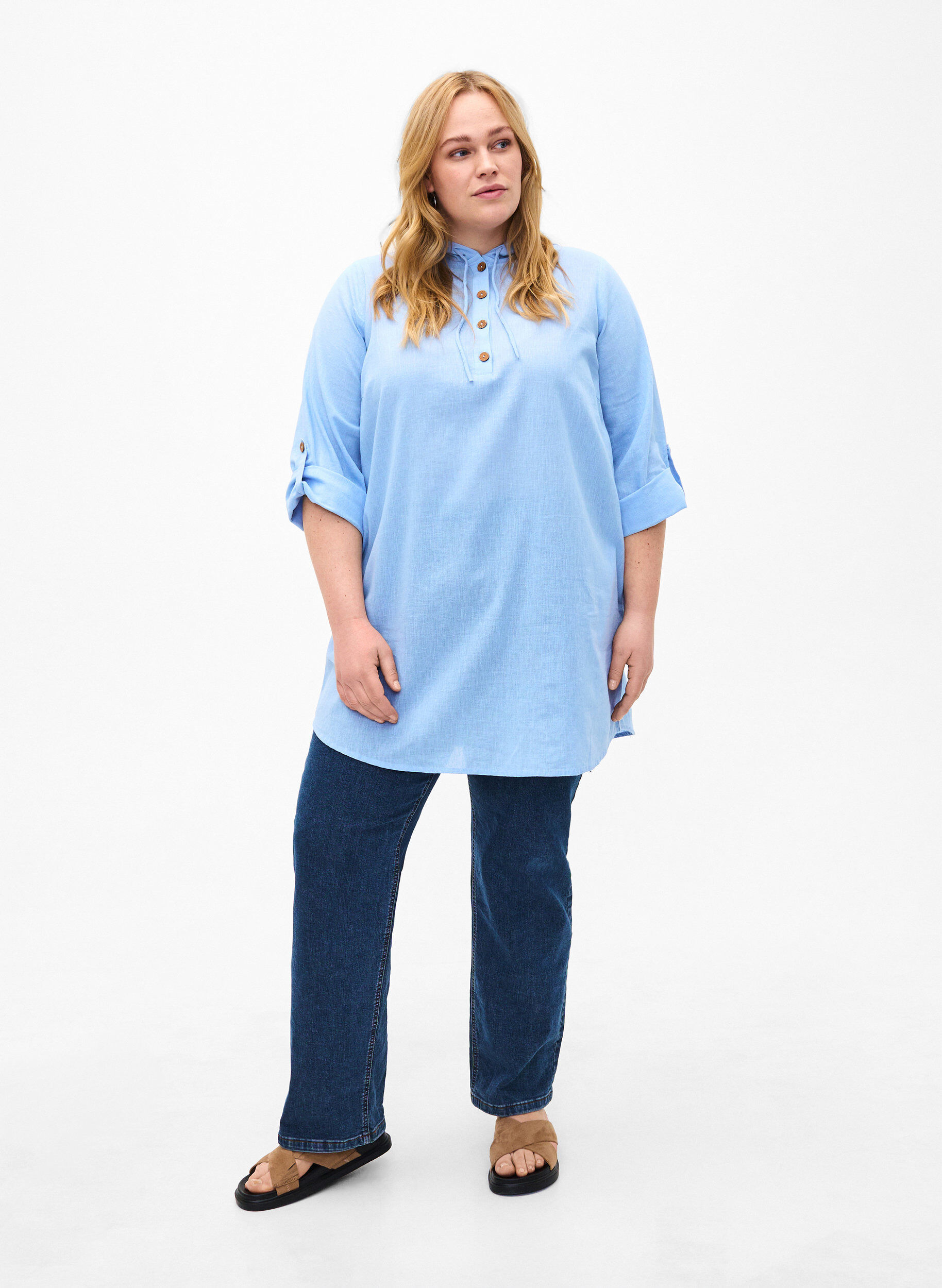 Zizzi Tuniek met capuchon van katoen en linnen, Serenity, Model image number 2