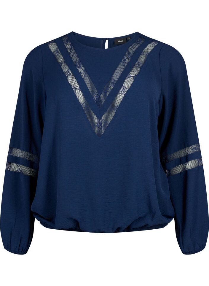 Blouse met lange mouwen en kant, Navy Blazer, Packshot image number 0