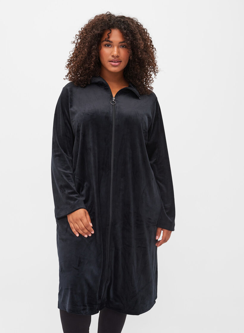Velours jurk met rits en zakken, Black, Model image number 0