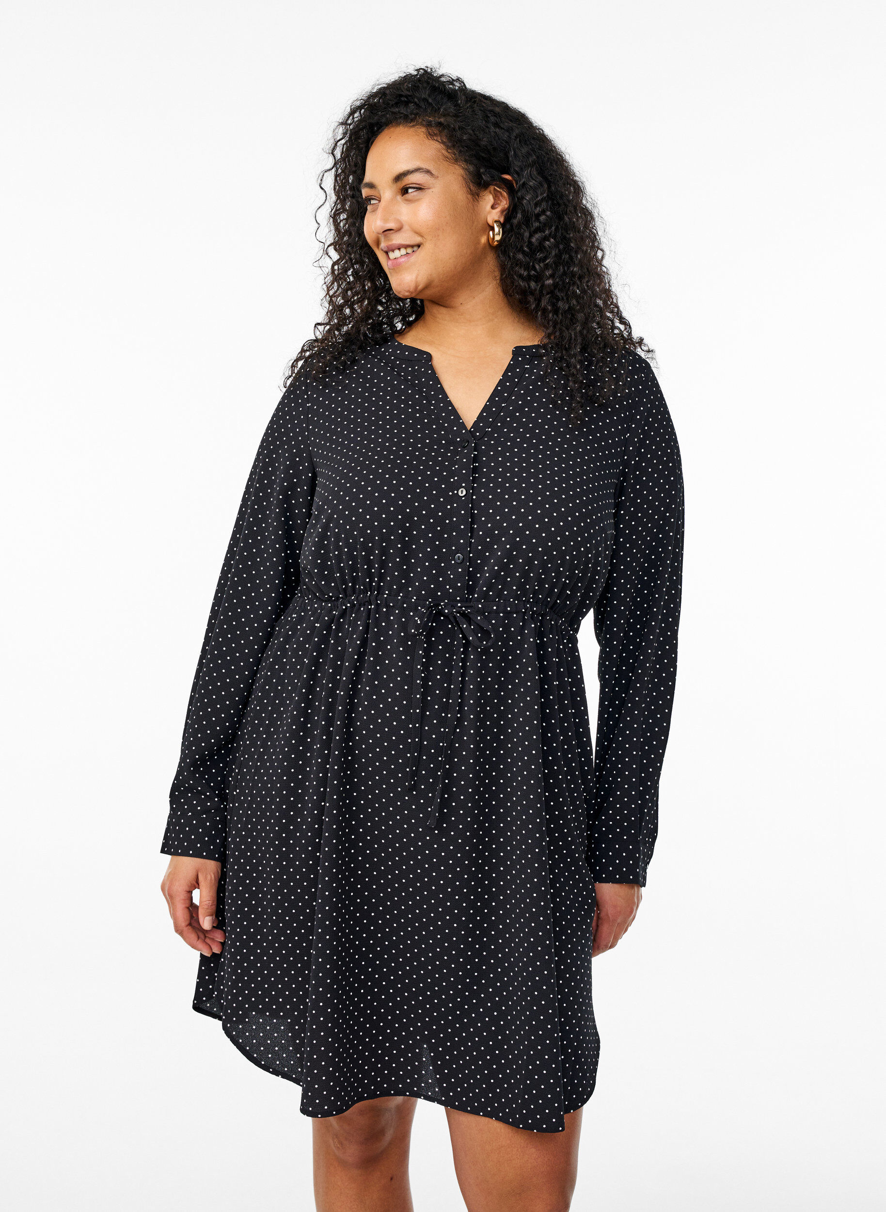 Zizzi Knielange jurk met strikceintuur, Zwart, Model image number 0