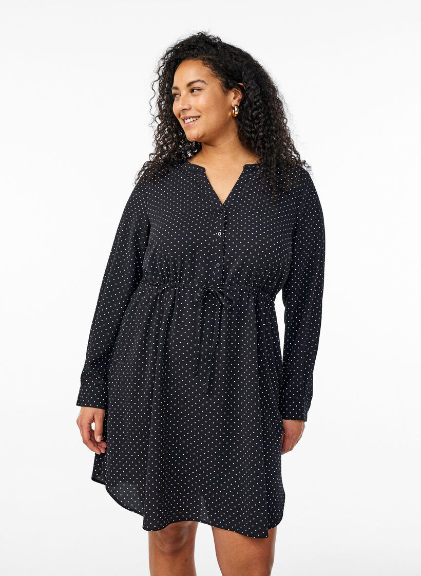 Knielange jurk met strikceintuur, Zwart, Model image number 0