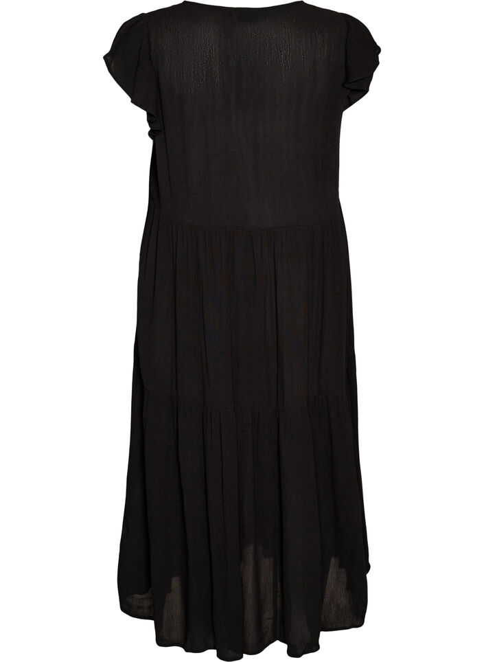 Midi jurk van viscose met ruches mouwen, Zwart, Packshot image number 1
