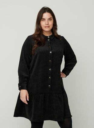 Korte jurk in fluweel met knopen, Black, Model image number 0