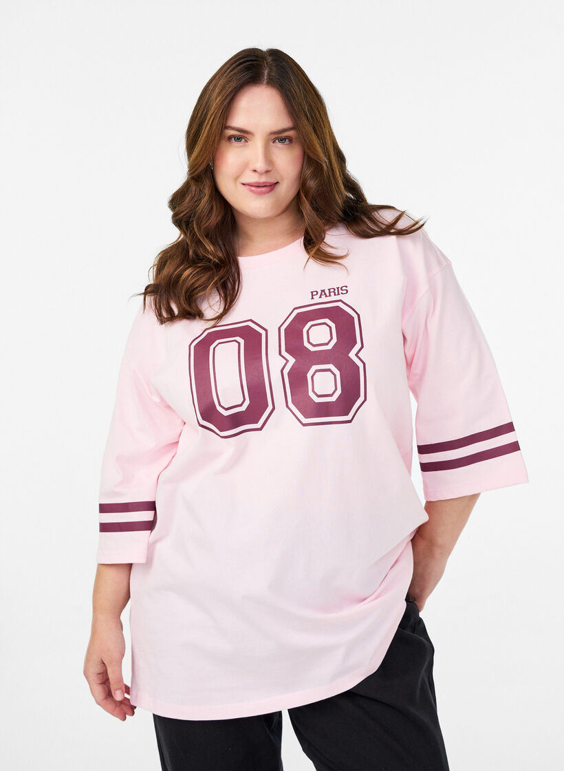 Oversized college T-shirt met 3/4 mouwen, Roze, Model image number 0