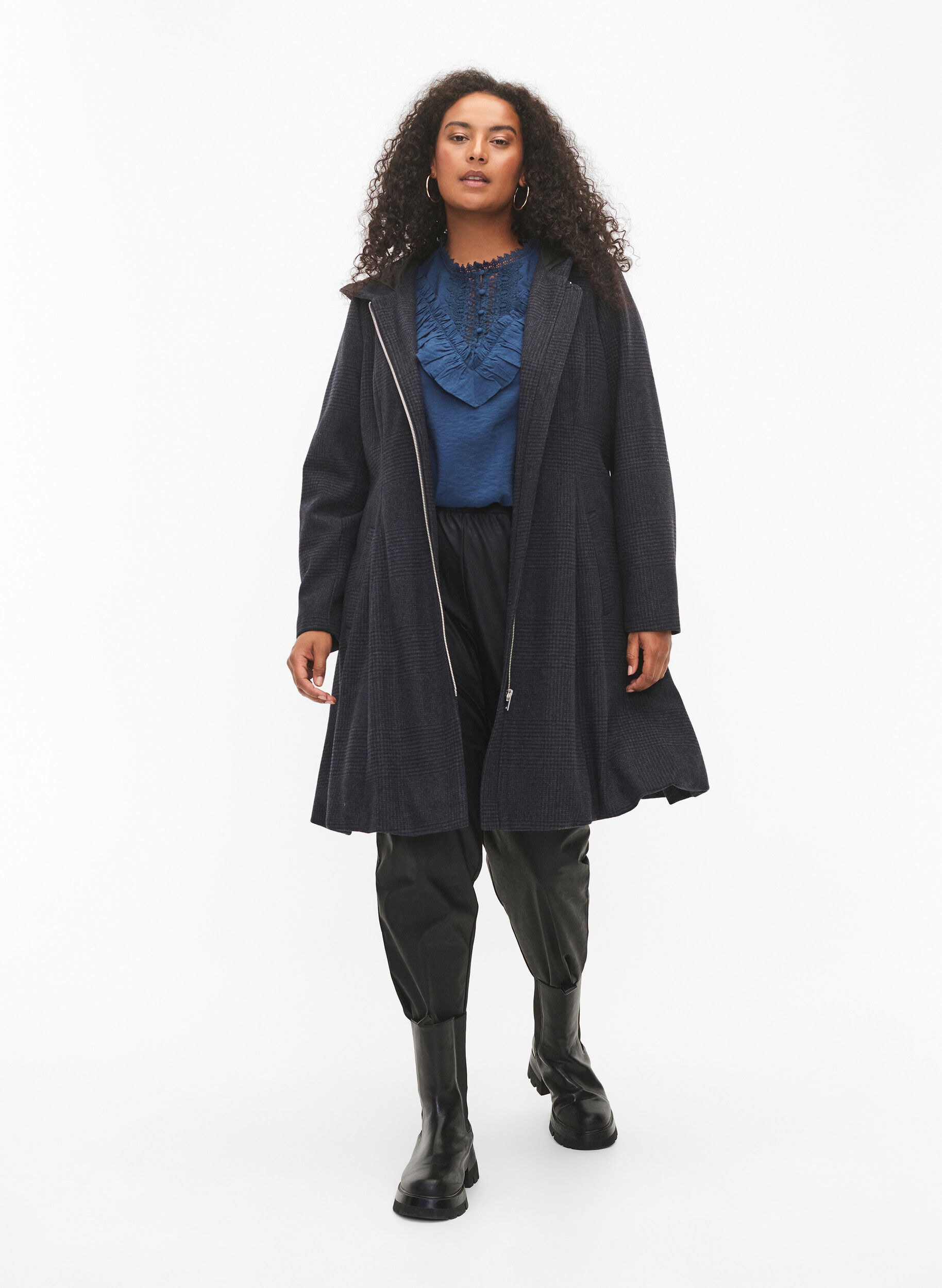 Zizzi Geruite jas met wol, Dark Grey Melange, Model image number 2