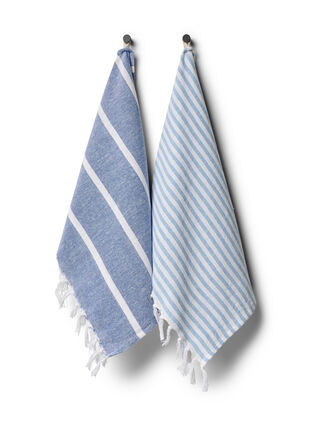 2-pack gestreepte handdoek met franjes, 2-Pack Blue, Packshot image number 0