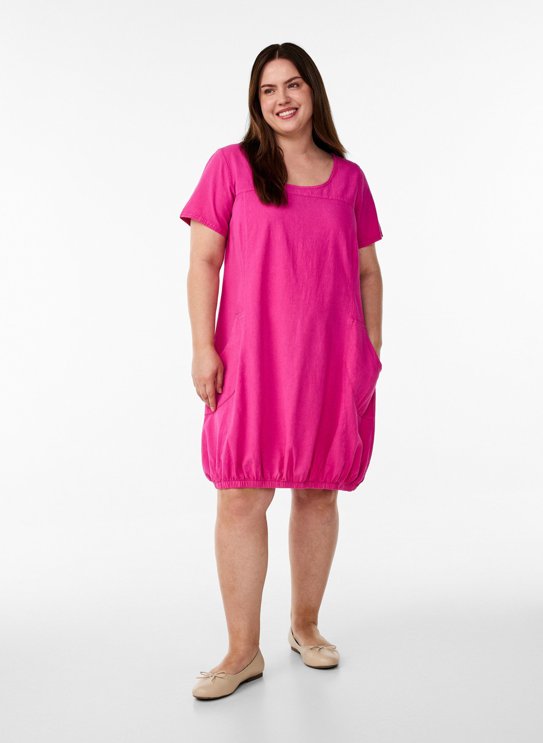 ZizziKatoenen jurk met korte mouwen, Roze, Model image number 1