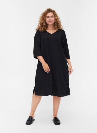 Katoenen jurk met 3/4-mouwen en knopen, Black, Model image number 2