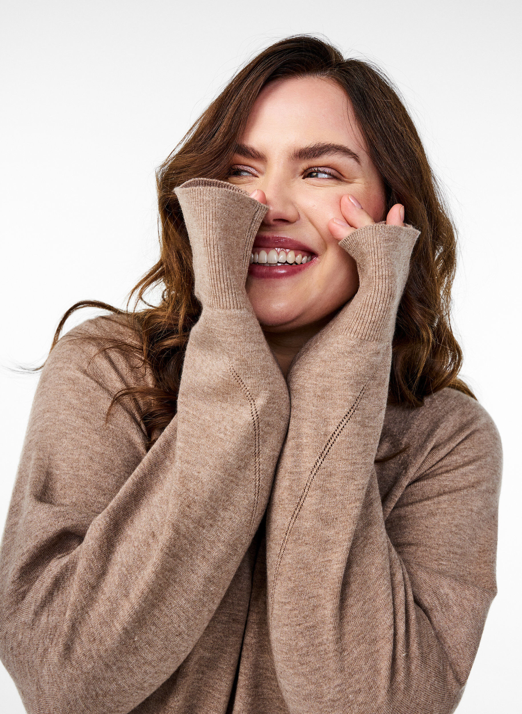 Zizzi Gebreide blouse met ronde hals en gebreid patroon, Bruin, Image image number 0