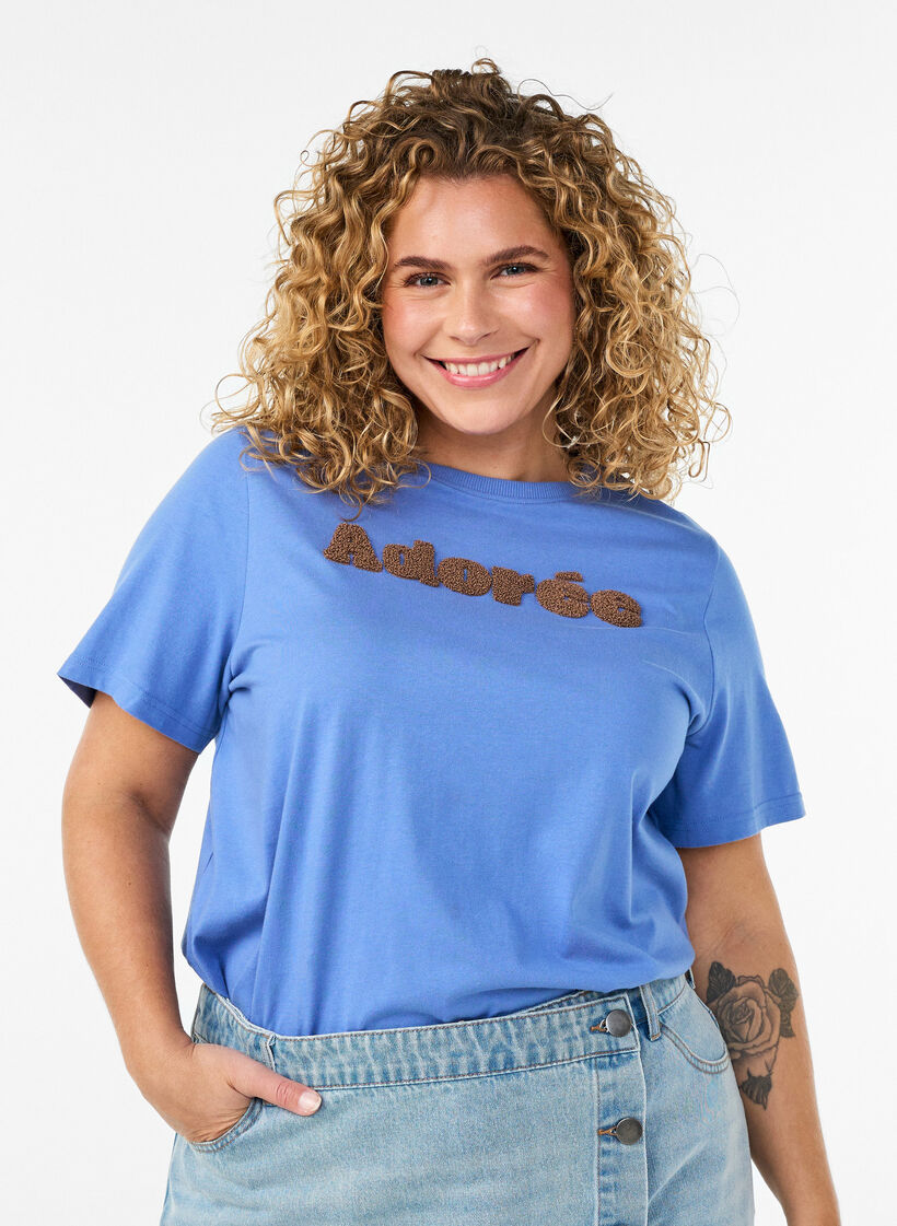 Organisch katoenen T-shirt met print aan de voorkant, Blauw, Model image number 0